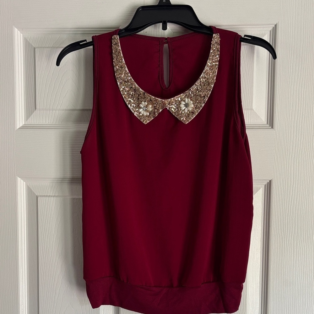 Agora Burgundy Top with Gold Embellished Collar